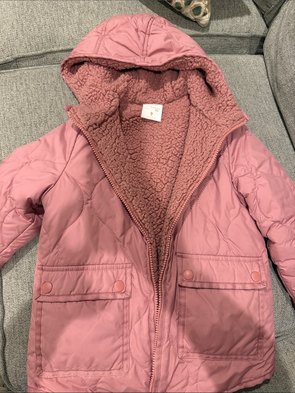 Girls' Pink Reversable Hooded Quilted Jacket with Sherpa Lining